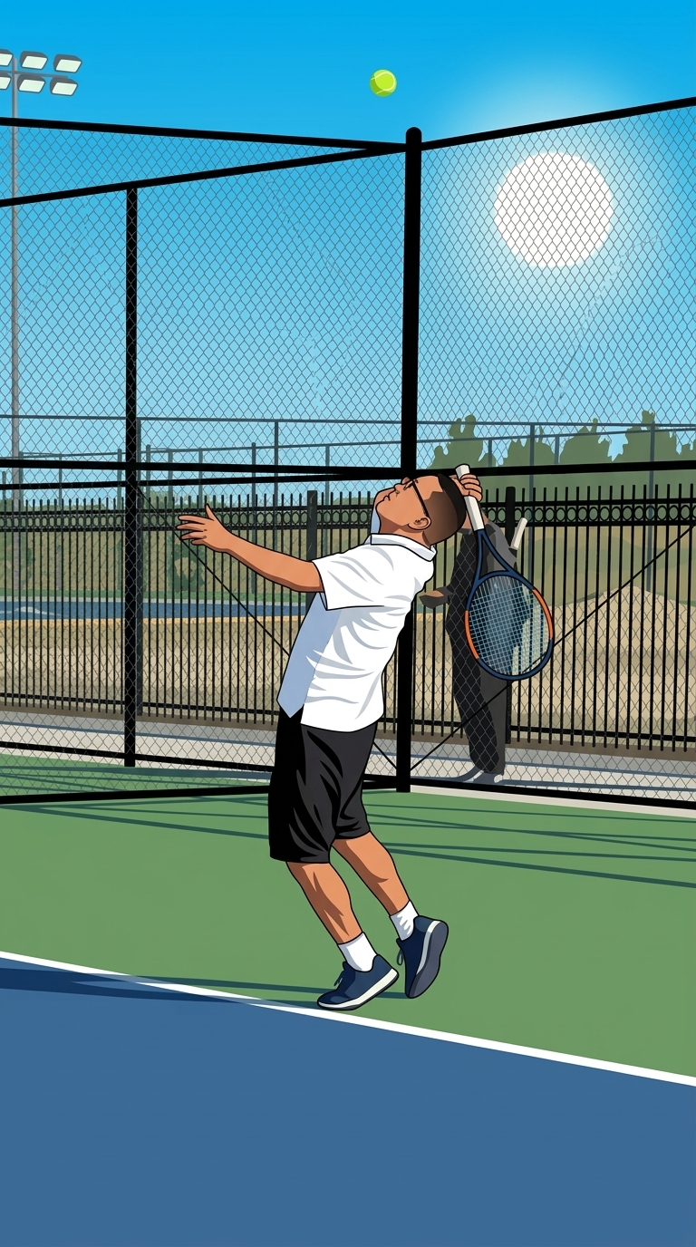 Andy Su serving at the new Mountian House Tennis Courts
